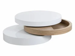 Outlet Mesa de centro redonda y pivotante - 3 tableros - MDF - Color: blanco y roble. JANITA Mesa De Centro