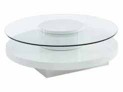Hot Vente-unique Mesa de centro RYHALI - Tablero giratorio - Cristal templado y MDF Transparente / Blanco