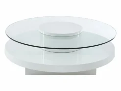 Hot Vente-unique Mesa de centro RYHALI - Tablero giratorio - Cristal templado y MDF Transparente / Blanco