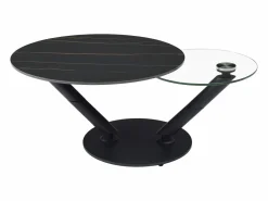 Vente-unique Mesa de centro tapas giratorias de cerámica y cristal templado - Efecto mármol negro - ELDOVA