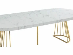 New Mesa de comedor de 2 a 12 comensales de MDF y acero - Efecto mármol blanco y dorado - FIRELA Mesa Extensible|Mesa De Comedor