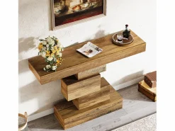 Tribesigns Mesa de comedor de granja de 108 cm, mesa de salón estrecha de madera detrás del sofá con base geométrica