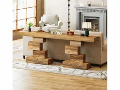 Tribesigns Mesa de comedor de granja de 108 cm, mesa de salón estrecha de madera detrás del sofá con base geométrica