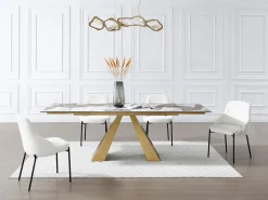 Maison Céphy Mesa de comedor de vidrio templado, cerámica y metal - Efecto mármol blanco y topo - LOZIPA