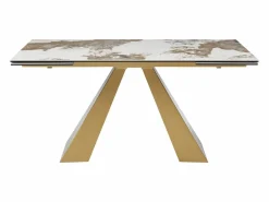 Maison Céphy Mesa de comedor de vidrio templado, cerámica y metal - Efecto mármol blanco y topo - LOZIPA