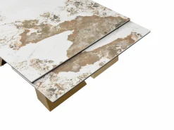 Maison Céphy Mesa de comedor de vidrio templado, cerámica y metal - Efecto mármol blanco y topo - LOZIPA