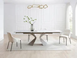Maison Céphy Mesa de comedor en vidrio templado, cerámica y metal topo - Efecto mármol blanco - KAJARI