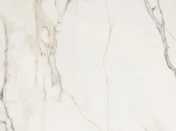 Maison Céphy Mesa de comedor en vidrio templado, cerámica y metal topo - Efecto mármol blanco - KAJARI