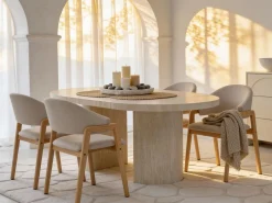 Vente-unique Mesa de comedor extensible 4 a 12 personas de MDF - Efecto travertino - SIDRINA