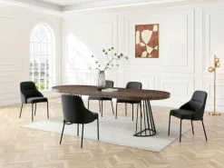 Vente-unique Mesa de comedor extensible 2 a 12 personas en MDF y acero - Marrón oscuro natural y negro - FIRELA