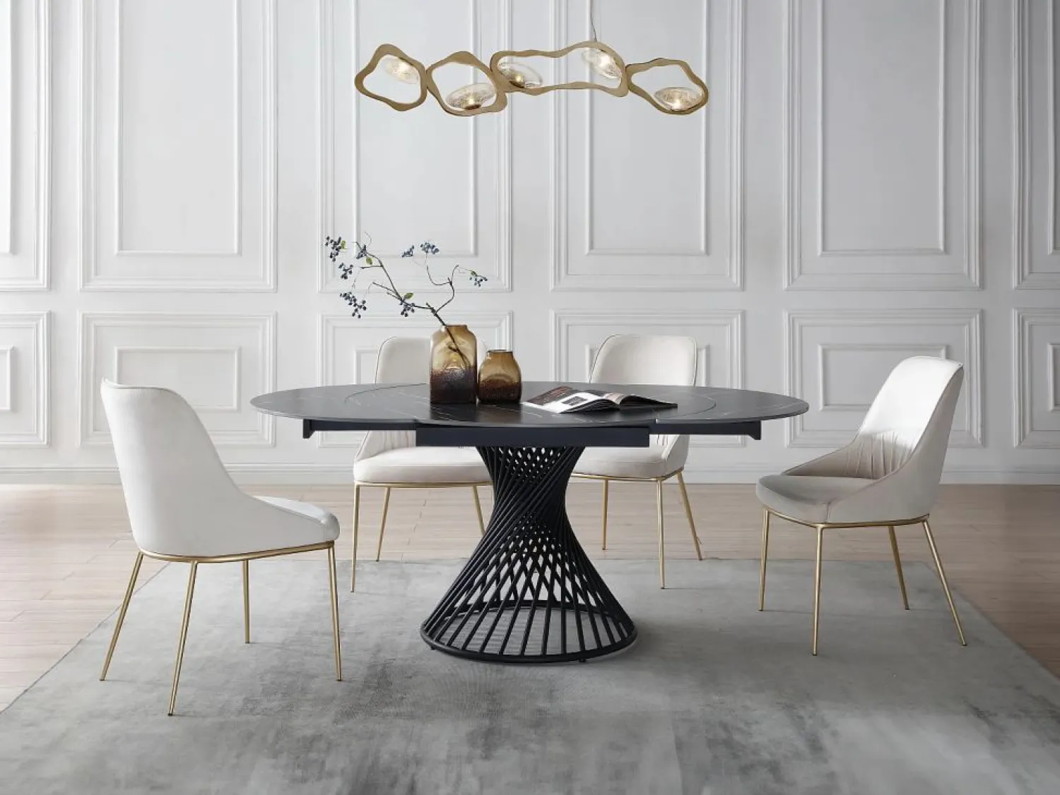 Vente-unique Mesa de comedor extensible de 4 a 8 cubiertos en cerámica y metal - Efecto mármol - CASTINA