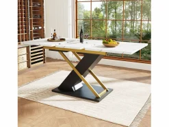 Best Hauss Spole Mesa de comedor extensible para 6-8 personas 160x80cm, tapa chapada en mármol con patas cruzadas de metal dorado Blanco