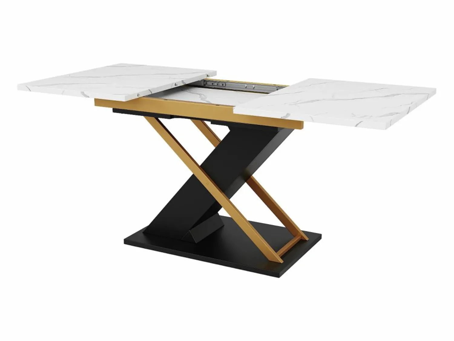 Best Hauss Spole Mesa de comedor extensible para 6-8 personas 160x80cm, tapa chapada en mármol con patas cruzadas de metal dorado Blanco