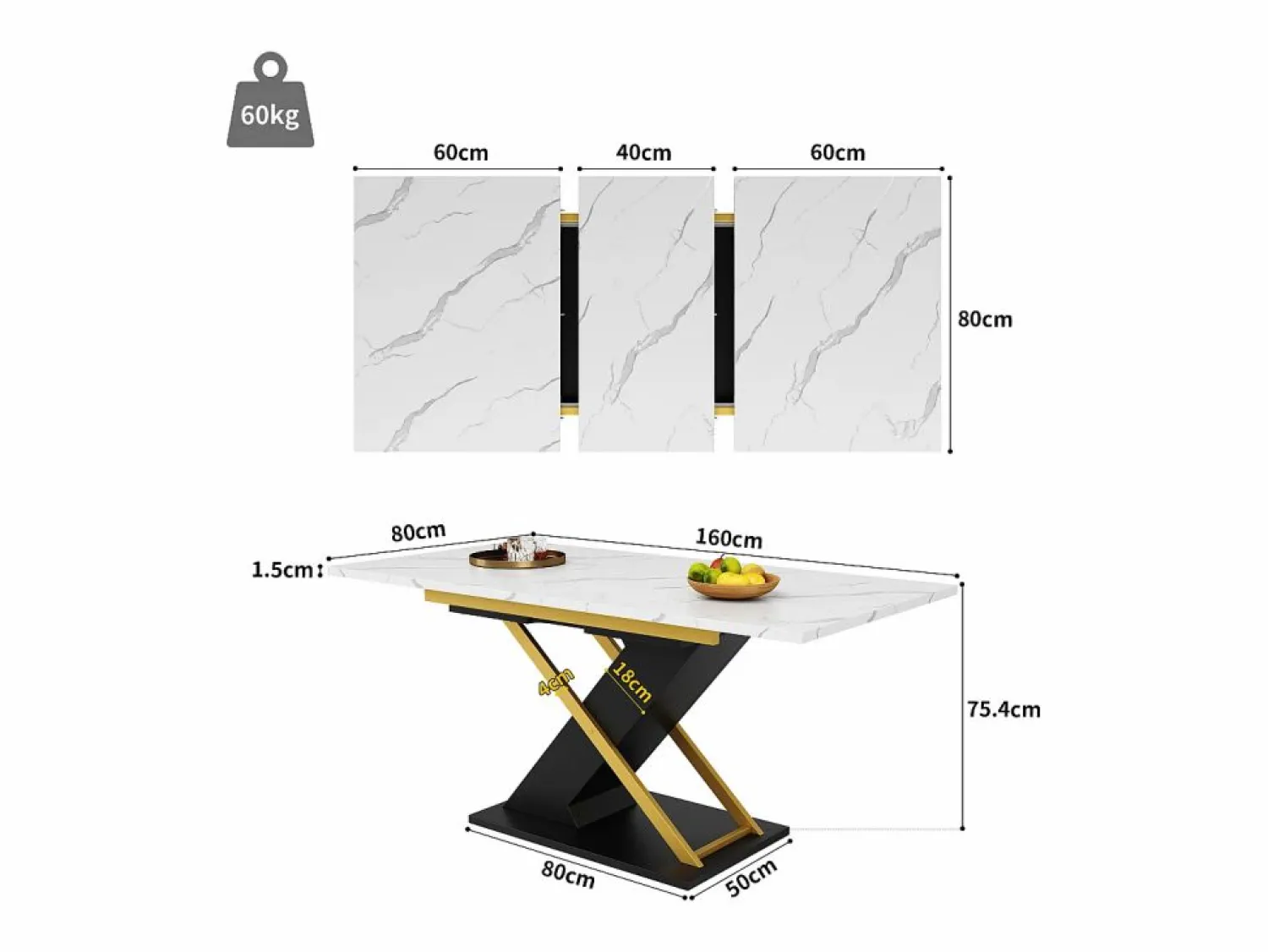 Best Hauss Spole Mesa de comedor extensible para 6-8 personas 160x80cm, tapa chapada en mármol con patas cruzadas de metal dorado Blanco