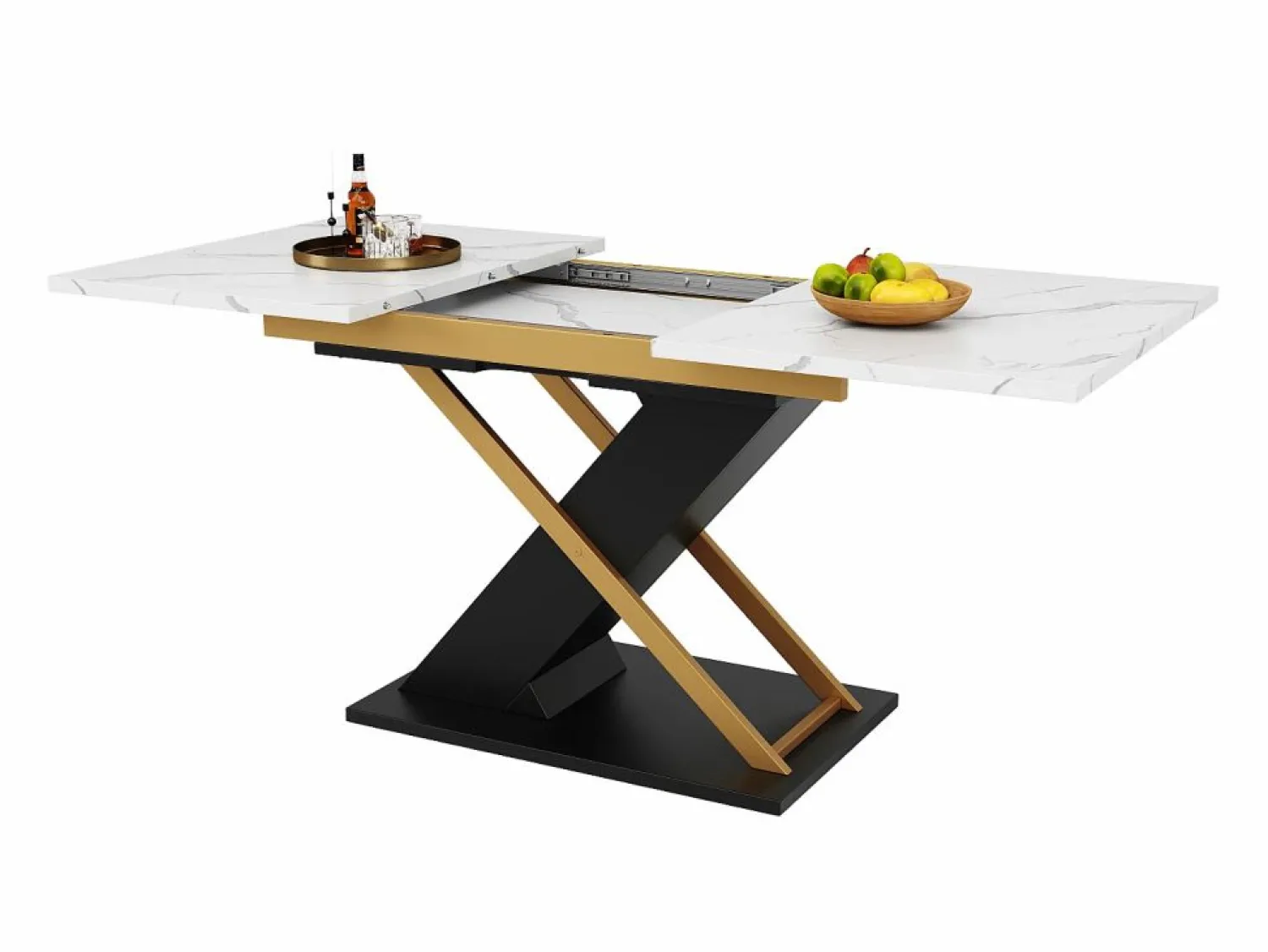Best Hauss Spole Mesa de comedor extensible para 6-8 personas 160x80cm, tapa chapada en mármol con patas cruzadas de metal dorado Blanco