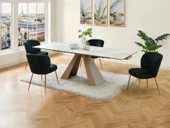Sale Mesa de comedor extensible de cerámica y metal - Efecto mármol blanco y beige - LOZIPA Mesa Extensible|Mesa De Comedor