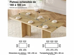 Hauss Spole Mesa de comedor extensible 140/180x80 cm para 6 a 8 personas - Natural claro