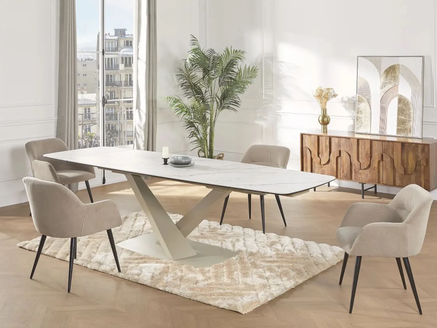 Clearance Mesa de comedor extensible de cerámica y metal - Efecto mármol blanco y beige - MALATA Mesa Extensible|Mesa De Comedor