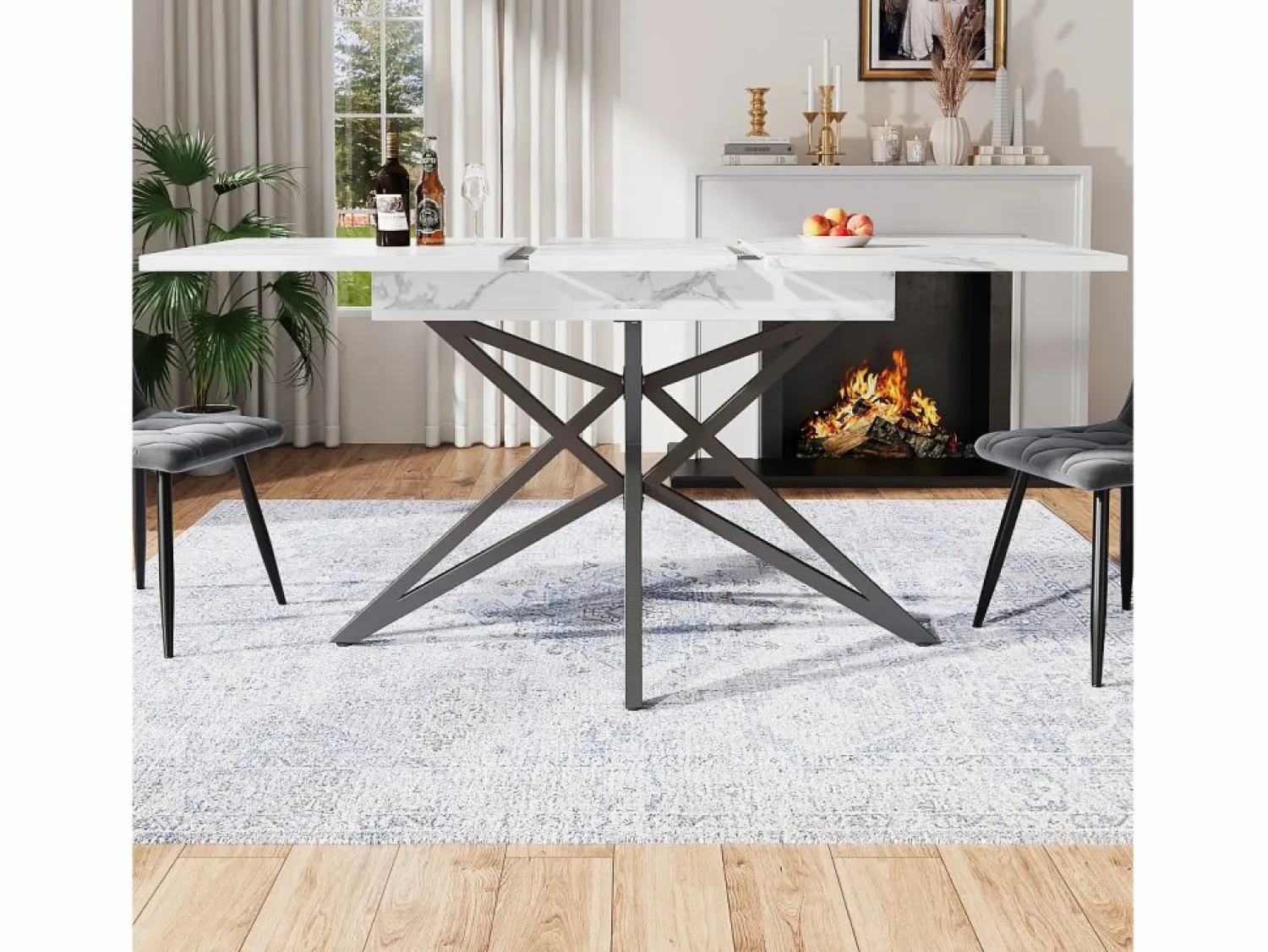 Sale Mesa de comedor extensible 160x80x66 cm - 6 personas - patas de mesa en forma de estrella - tablero de mesa imitación mármol - Mesa Extensible