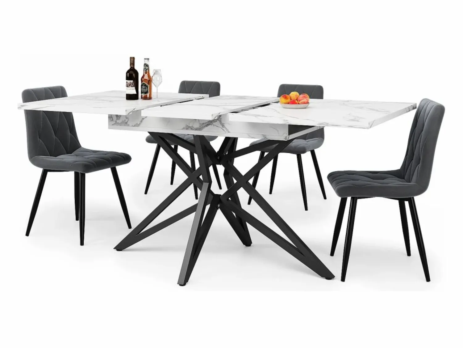 Sale Mesa de comedor extensible 160x80x66 cm - 6 personas - patas de mesa en forma de estrella - tablero de mesa imitación mármol - Mesa Extensible