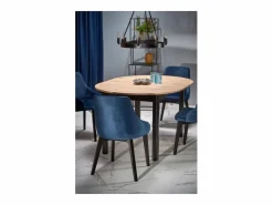Sale Mesa de comedor industrial redonda extensible con tablero de aspecto roble y patas negras CARENE Mesa Extensible