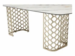 Online Mesa de comedor para 8 comensales de vidrio templado y cerámica - Efecto mármol blanco y dorado - GOLDENA Mesa De Comedor