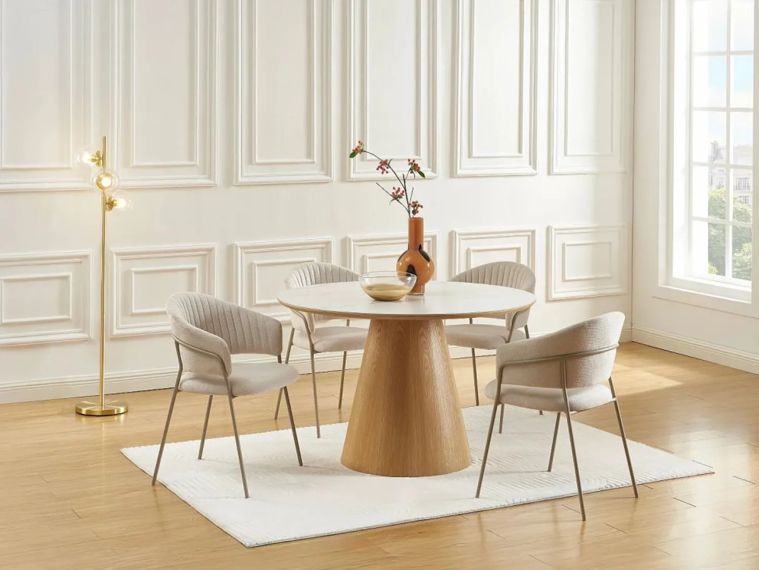Outlet Vente-unique Mesa de comedor para 4 personas en cerámica y chapado - Efecto mármol blanco y natural - ANTALIZA Color natural claro / Blanco