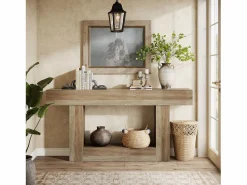 Mesa de consola 160 cm, mesa de entrada de 2 niveles estilo casco rural, mesa de sofá detrás del sofá, color Consola