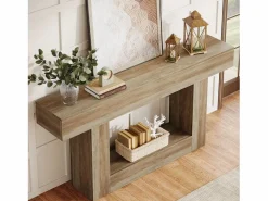 Mesa de consola 160 cm, mesa de entrada de 2 niveles estilo casco rural, mesa de sofá detrás del sofá, color Consola