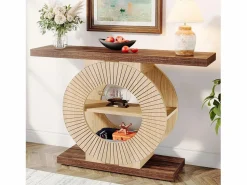 New Tribesigns Mesa de consola de 100 cm con almacenamiento - Mesa de entrada de madera para el salón, con estanterías y base circular Marru00f3n