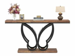 Best Tribesigns Mesa de consola de 140 cm, Mesa de entrada con marco de metal en forma de mariposa, Mesa de sofá, Mesas auxiliares largas y estrechas, Marrón y Negro Marru00f3n