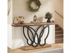 Best Tribesigns Mesa de consola de 140 cm, Mesa de entrada con marco de metal en forma de mariposa, Mesa de sofá, Mesas auxiliares largas y estrechas, Marrón y Negro Marru00f3n
