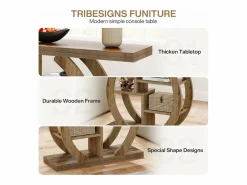 Mesa de consola de 4 niveles, de 108 cm, con base circular, de madera con estanterías de almacenamiento, para salón, pasillo, hogar, de color marrón claro de roble. Consola