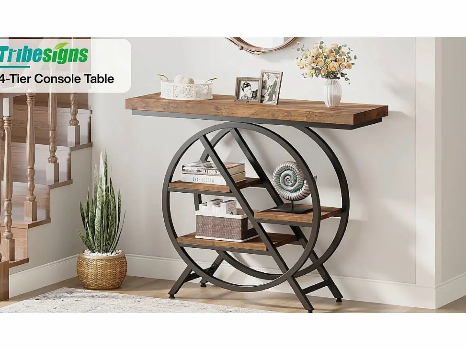 Sale Tribesigns Mesa de consola, Mesa de entrada de 100 cm con tablero grueso, Mesa de salón industrial, Mesas auxiliares, Marrón rústico Marru00f3n