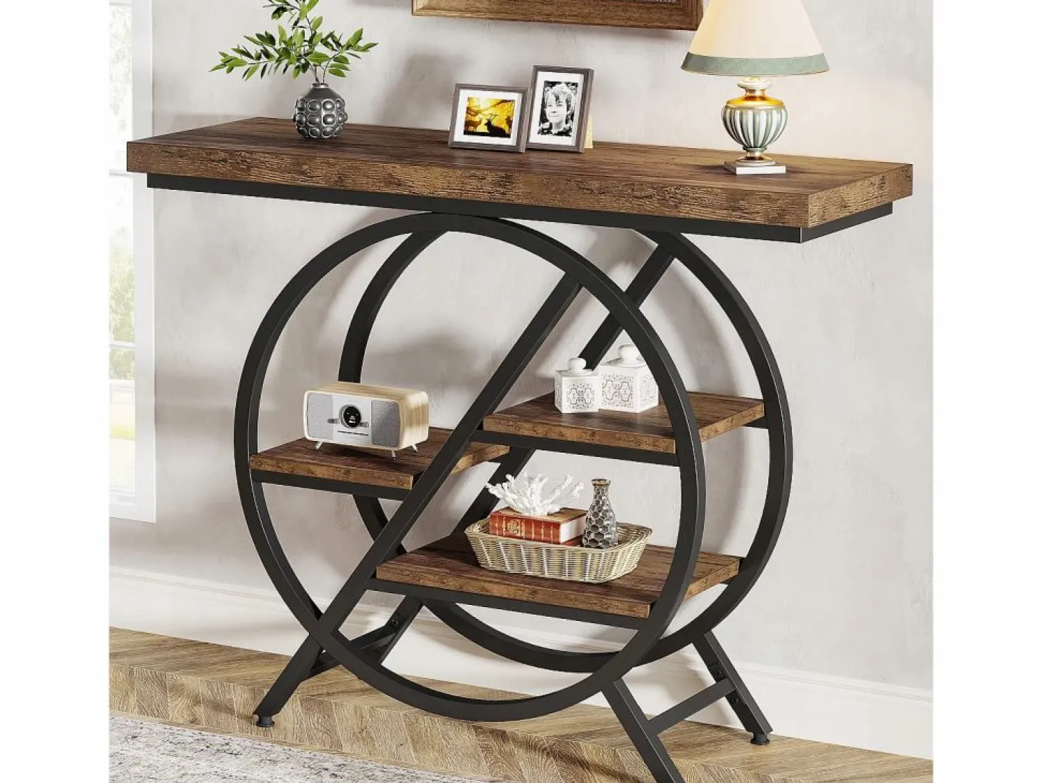 Sale Tribesigns Mesa de consola, Mesa de entrada de 100 cm con tablero grueso, Mesa de salón industrial, Mesas auxiliares, Marrón rústico Marru00f3n