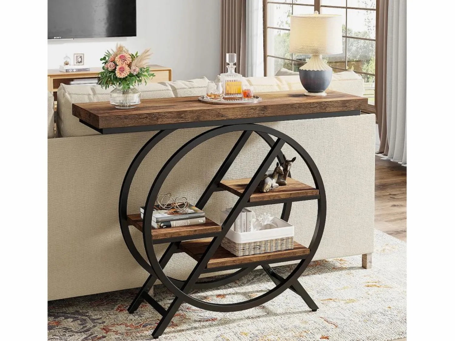 Sale Tribesigns Mesa de consola, Mesa de entrada de 100 cm con tablero grueso, Mesa de salón industrial, Mesas auxiliares, Marrón rústico Marru00f3n