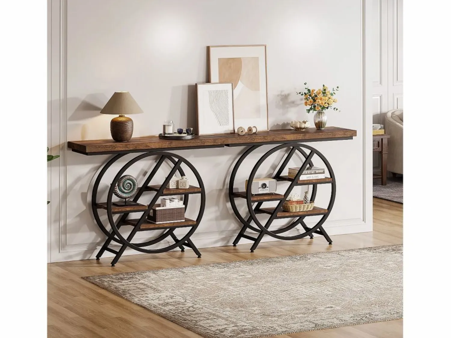 Sale Tribesigns Mesa de consola, Mesa de entrada de 100 cm con tablero grueso, Mesa de salón industrial, Mesas auxiliares, Marrón rústico Marru00f3n