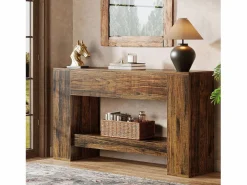 Tribesigns Mesa de consola rústica marrón con 2 cajones, Mesa de consola estrecha de 2 niveles de 140 cm