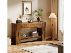 Tribesigns Mesa de consola rústica marrón con 2 cajones, Mesa de consola estrecha de 2 niveles de 140 cm