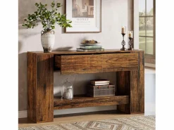 Tribesigns Mesa de consola rústica marrón con 2 cajones, Mesa de consola estrecha de 2 niveles de 140 cm