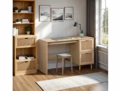 Clearance duehome Mesa de escritorio con 2 cajones en pino y rattán 120x48 cm Made Pino - Rattan Gris