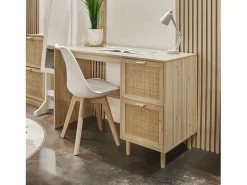 Clearance duehome Mesa de escritorio con 2 cajones en pino y rattán 120x48 cm Made Pino - Rattan Gris