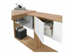 duehome Mesa de escritorio con estantería Dess Blanco Artik (Blanco Mate) - Roble Nodi