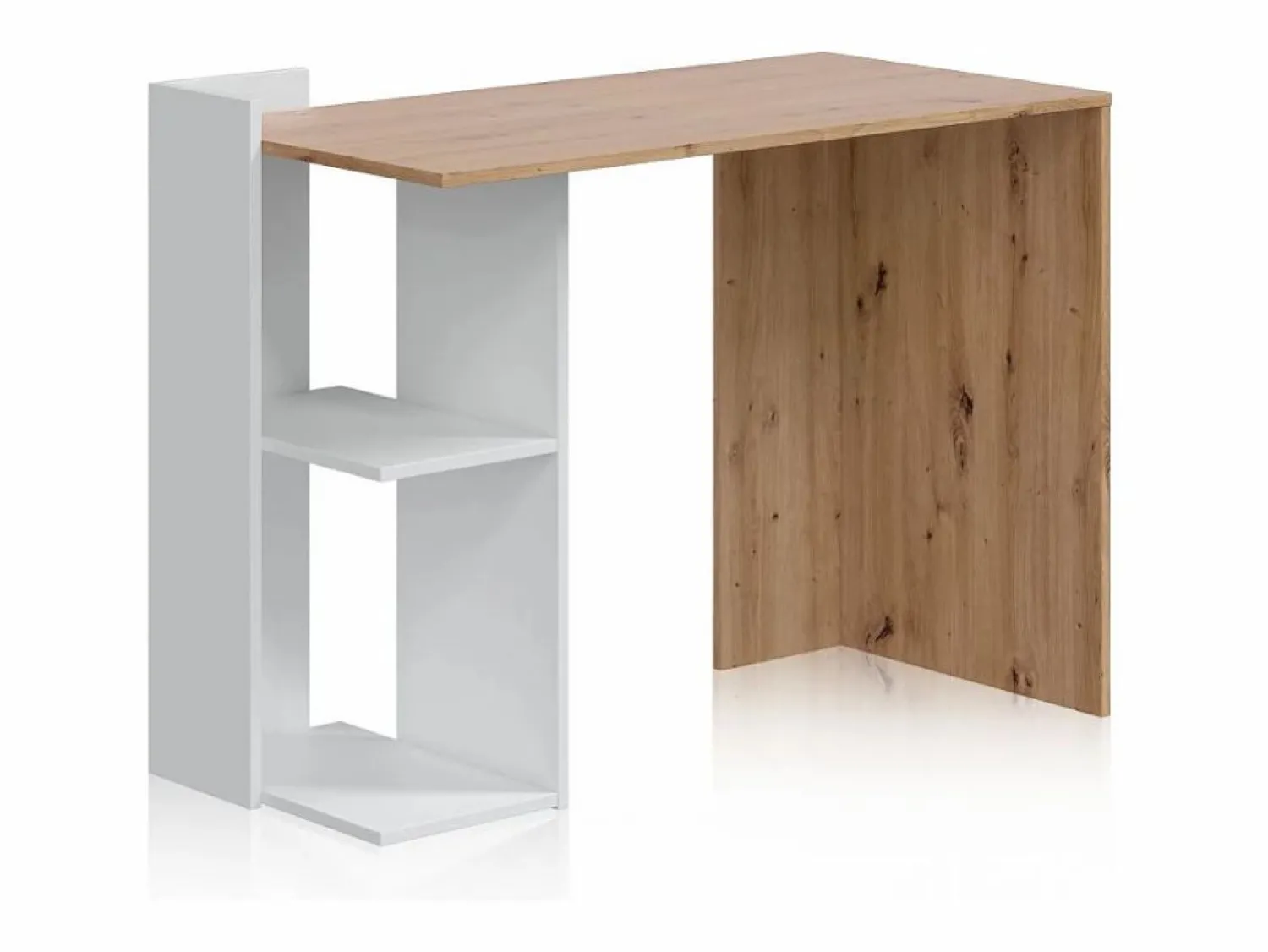 duehome Mesa de escritorio con estantería baja lateral en blanco mate y roble nodi 100x50 cm Dess Blanco Artik (Blanco Mate) - Roble Nodi