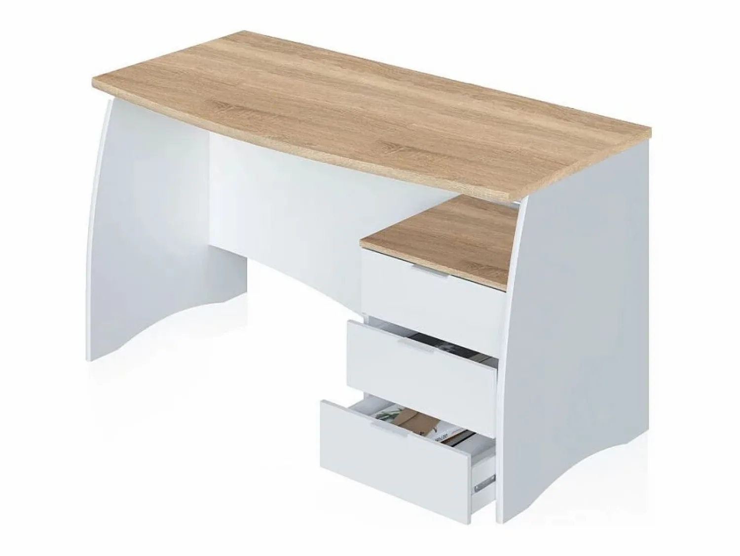 Sale duehome Mesa de escritorio Elan 3 cajones Blanco Artik (Blanco Mate) - Roble Canadian Color natural claro