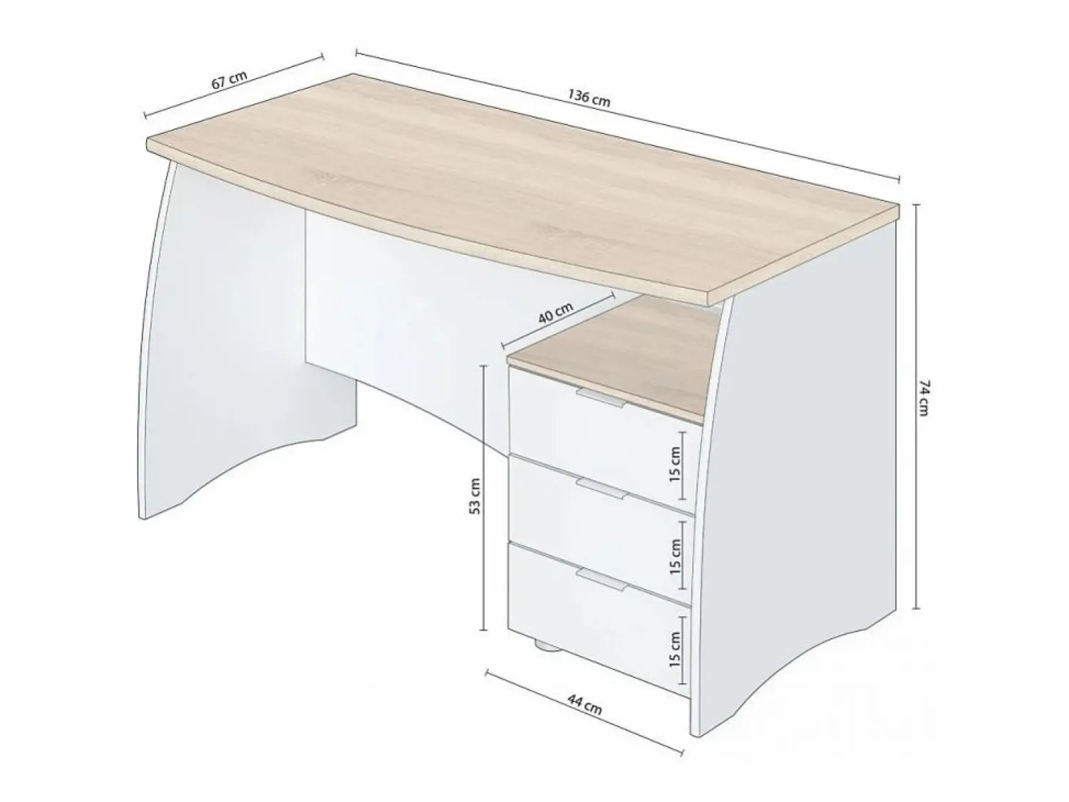 Sale duehome Mesa de escritorio Elan 3 cajones Blanco Artik (Blanco Mate) - Roble Canadian Color natural claro