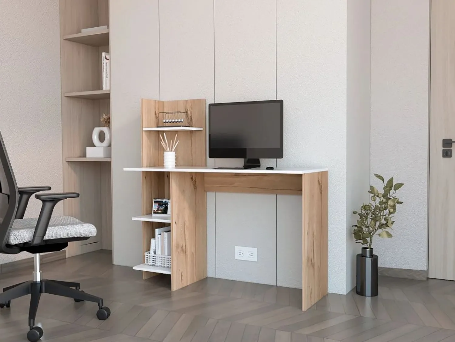 Clearance TuHome Mesa de Escritorio Vilna 120, con estantería , 119.88 cm X 119.88 cm X 44.95 cm , Duna / Blanco Multicolor