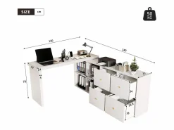 Clearance Mesa de esquina giratoria de 360° - Escritorio con 4 cajones y 4 compartimentos, MDF, (120 x 48 x 78 cm) + (140 x 35 x 74 cm) Blanco