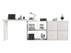 Clearance Mesa de esquina giratoria de 360° - Escritorio con 4 cajones y 4 compartimentos, MDF, (120 x 48 x 78 cm) + (140 x 35 x 74 cm) Blanco