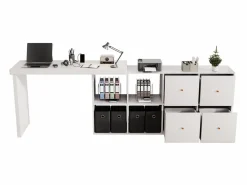 Clearance Mesa de esquina giratoria de 360° - Escritorio con 4 cajones y 4 compartimentos, MDF, (120 x 48 x 78 cm) + (140 x 35 x 74 cm) Blanco